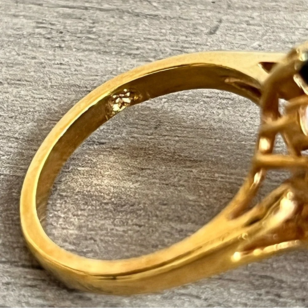 Elegant Pearl, Cubic Zirconia and Black Marquis Multi-Stone Gold Toned Ring